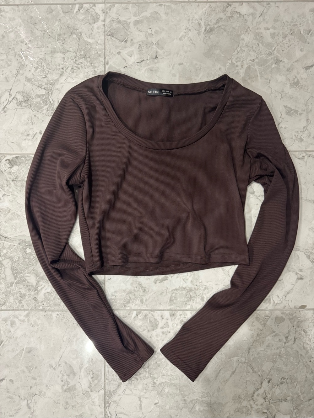 SHEIN Chocolate Brown Ribbed Long Sleeve Scoop Crop Top